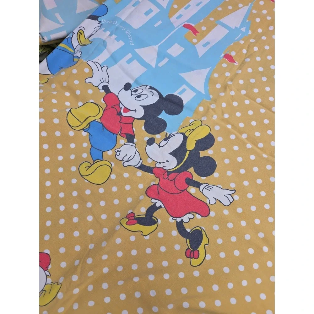 2 Vtg 70s Disney World Twin Flat Sheets Polka Dot Mickey Minnie Donald Pacific